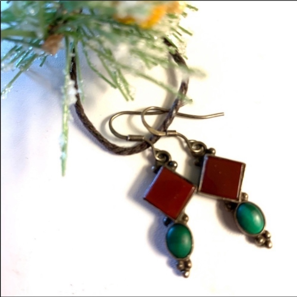 Sterling Silver Carnelian Malachite Pierced Earrings vintage ‘90’s